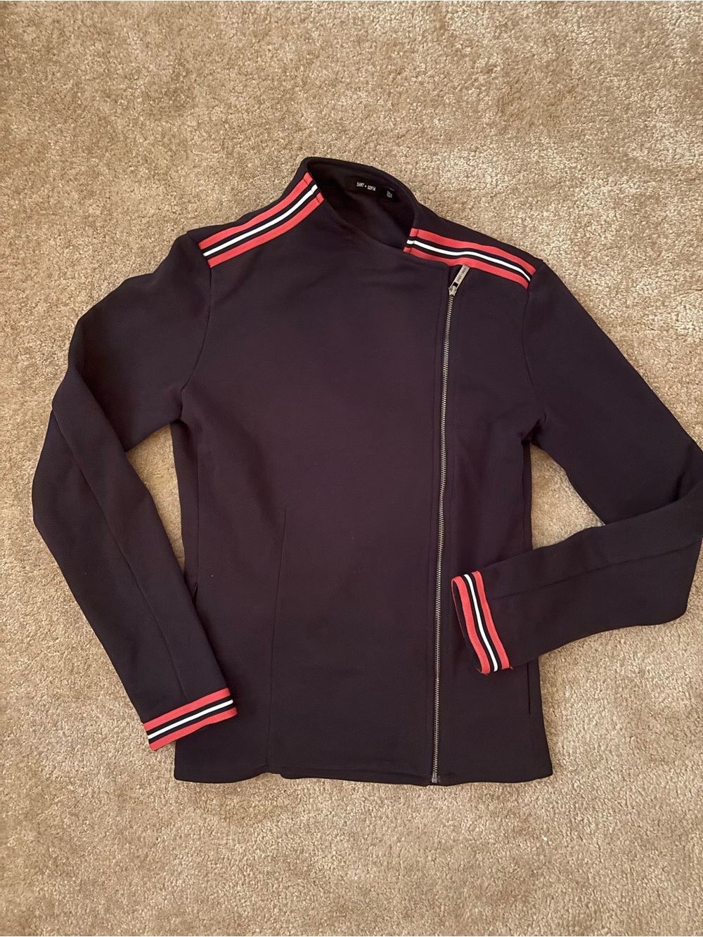 Saint + Sofia Women’s Navy Biker Jacket with Red Stripe Detail